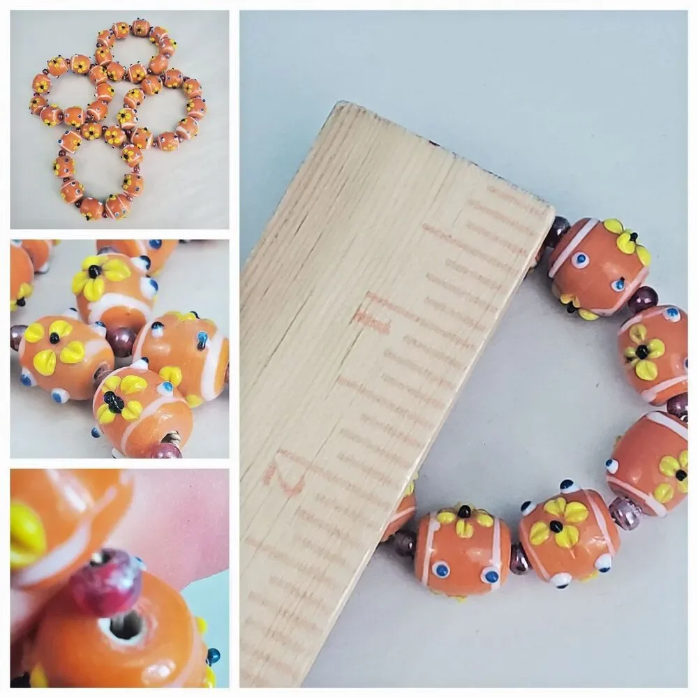 4 Vtg Millefior Lampwork Glass Bead Napkin Rings Orange Floral Table Decor